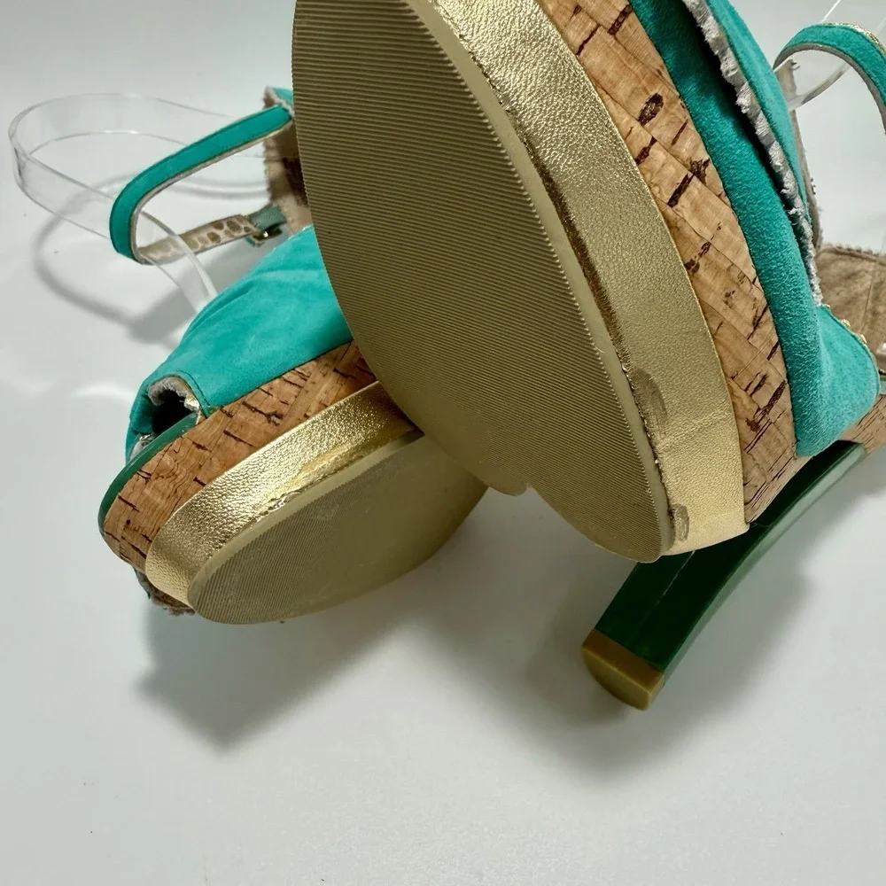 Poetic License Date Night Teal Gold Trim Stiletto Platform Heels Peep Toe 8.5M